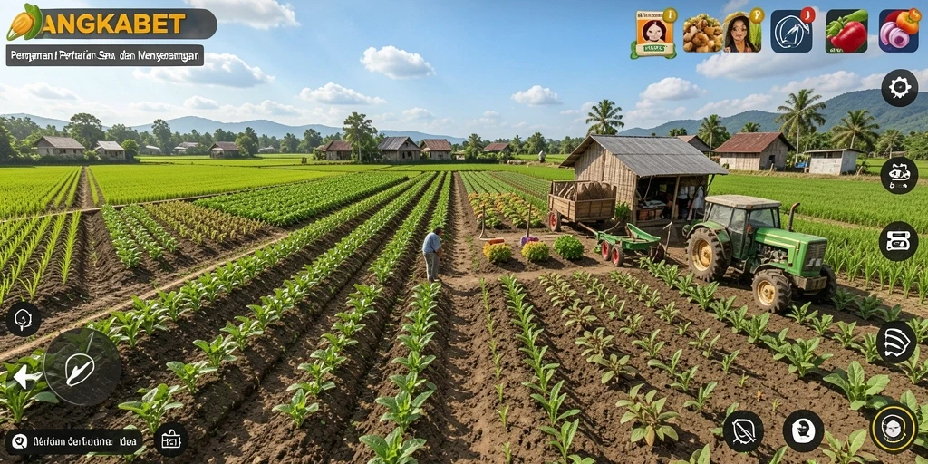Screenshot gameplay ANGKABET yang menunjukkan suasana berkebun yang asri.