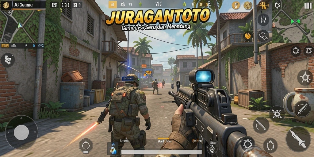 Tampilan gameplay mendebarkan dari JURAGANTOTO dengan aksi tembak-menembak yang seru.