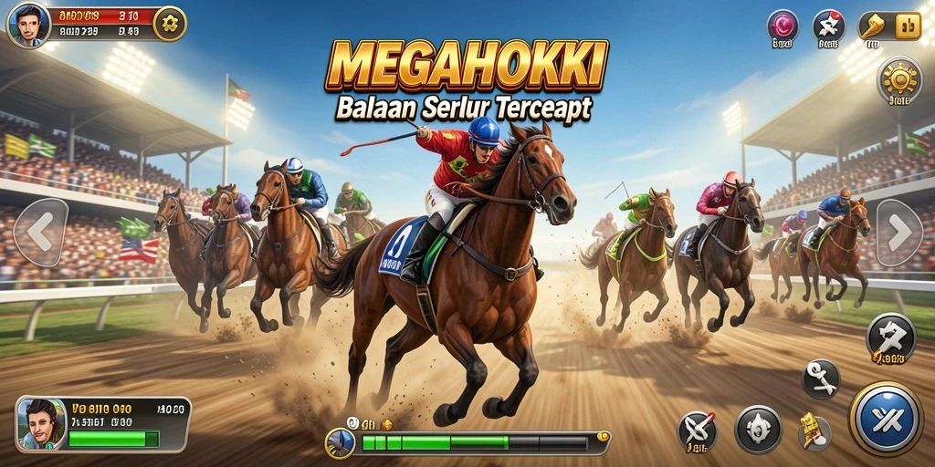 Screenshot gameplay MEGAHOKI dengan action balapan yang mendebarkan.