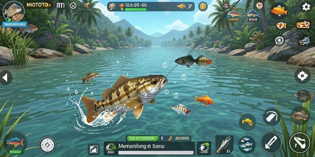 Tampilan gameplay MIOTOTO dengan pemancing di lokasi indah.