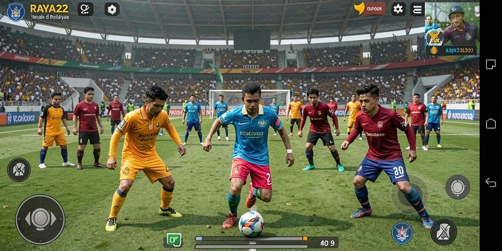 Screenshot utama RAYA22 menampilkan pemain beraksi di lapangan sepak bola.