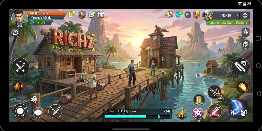 Tangkapan layar gameplay RICH7 menampilkan misi dan elemen permainan Idle.
