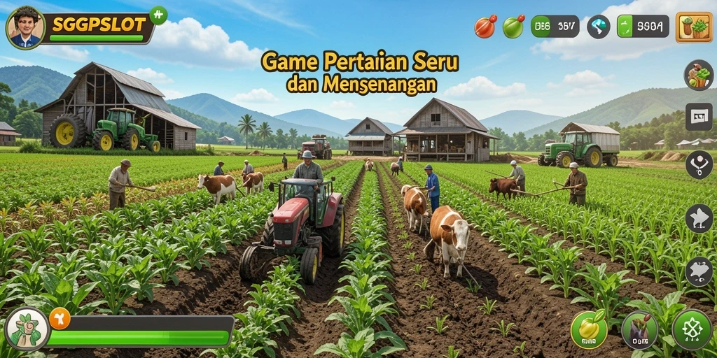 Tangkapan layar gameplay <strong>SGPSLOT</strong> menunjukkan keindahan lahan pertanian dan aktivitas berkebun.