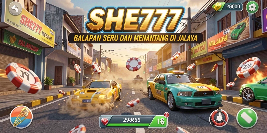 Screenshot gameplay SHE777 yang menampilkan aksi balapan yang mendebarkan.