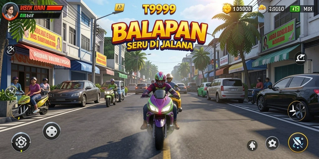 Tangkapan layar gameplay T9999 yang menampilkan aksi balapan mendebarkan.
