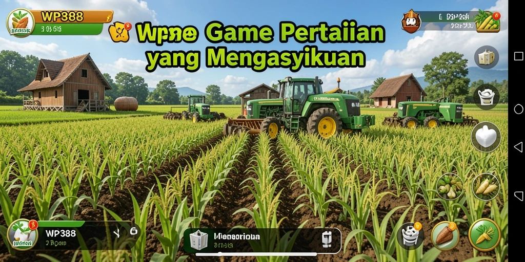 Tangkapan layar gameplay WP888 menampilkan ladang yang subur dan aktivitas bertani.