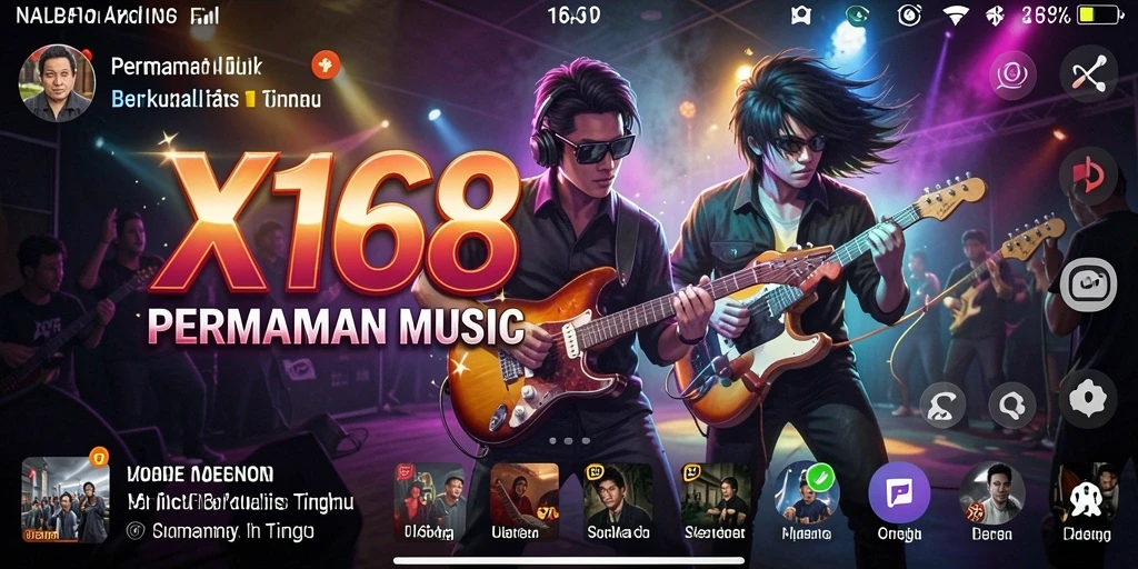 Screenshot utama X168 menampilkan pengguna yang asyik bermain musik.
